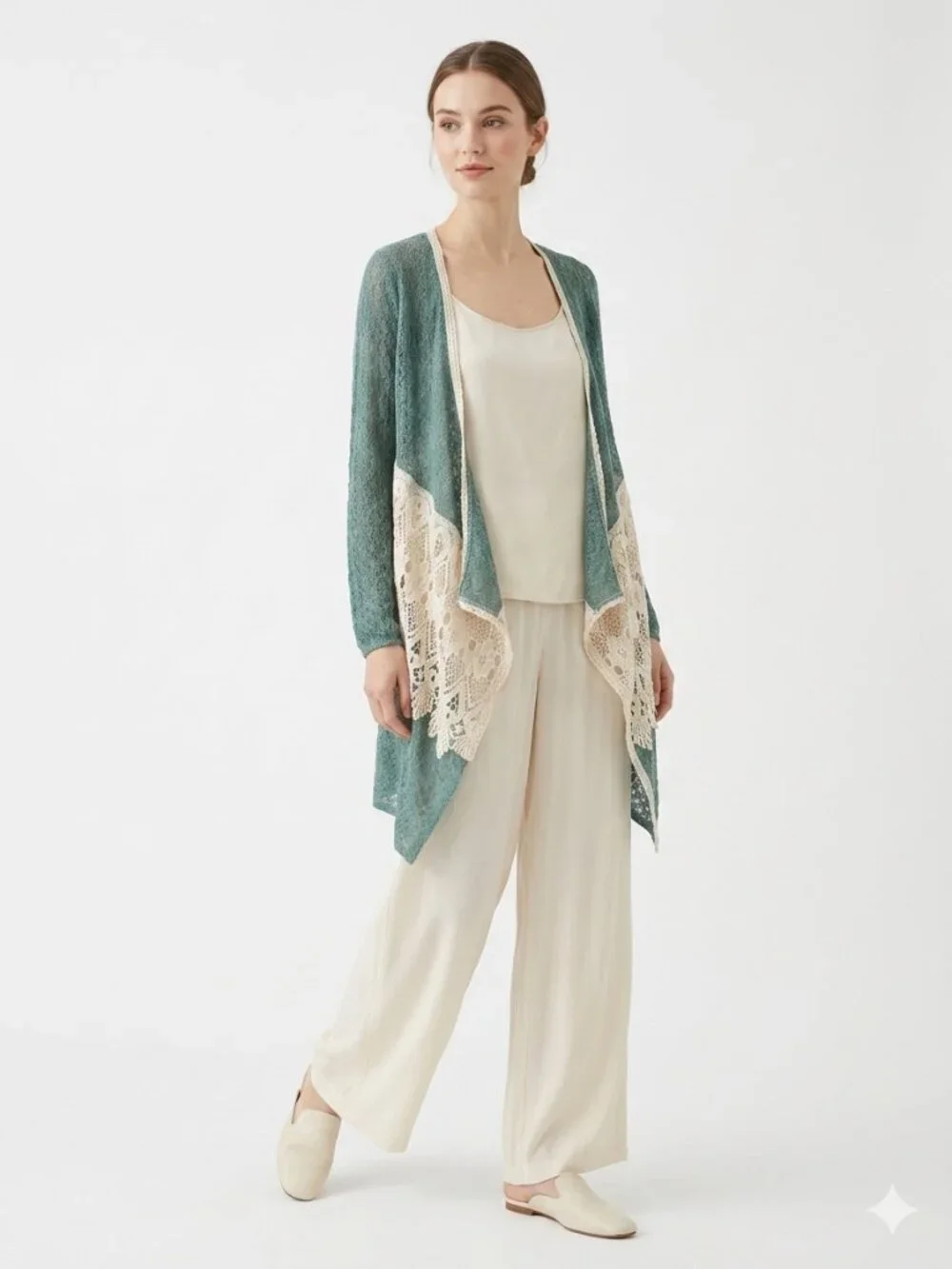 Ryu Cardigan Crochet Lace Open Sheer Boho Shabby Chic Green Cream S